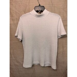Apparenza Womens XL White Ribbed Mock Neck Short Sleeve Shimmer Metallic Top